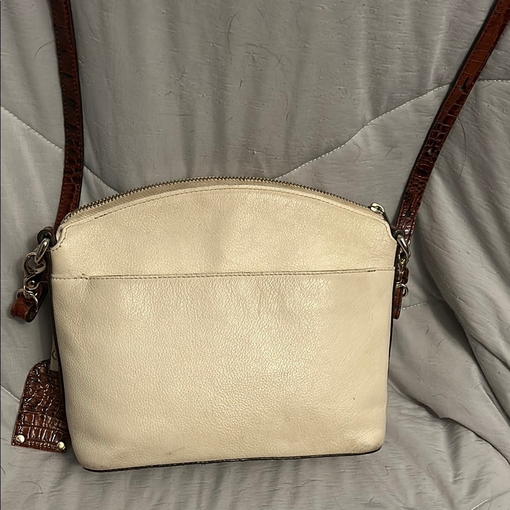 Brahmin Cream Crossbody Bag with Textured Fabric and Brown Strap